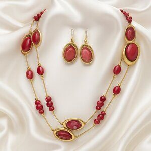 Elegant Red Gemstone Necklace & Earrings Set – Gold-Tone Double-Strand Jewelry